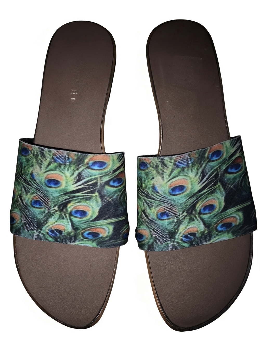 Onesole Peacock Feather Slide Sandals - Brown/Green/Blue